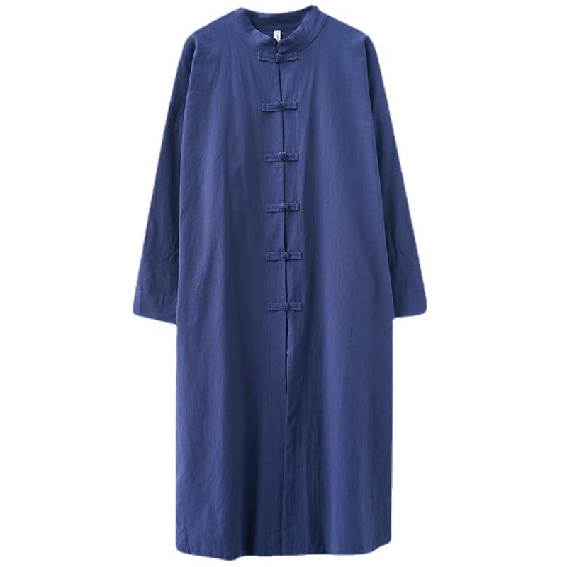 Chinese-style buttoned top linen and cotton Tai Chi suit meditation practice robe long-sleeved long-length tea practitioner attire