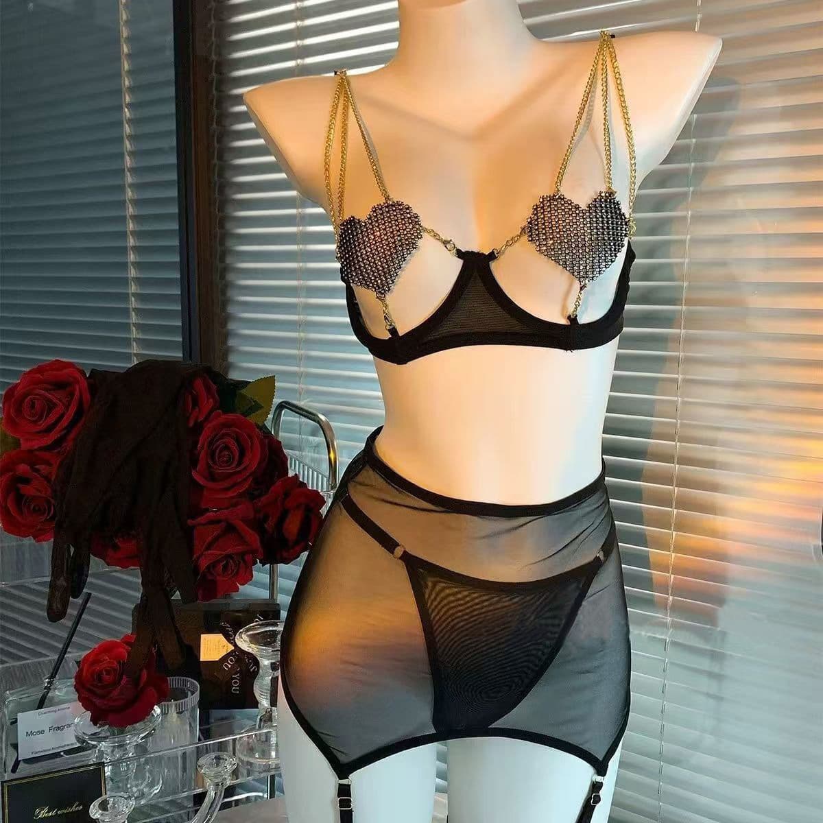 Sexy Lingerie Set with Lace Mesh and Hollow-Out Design in Red
