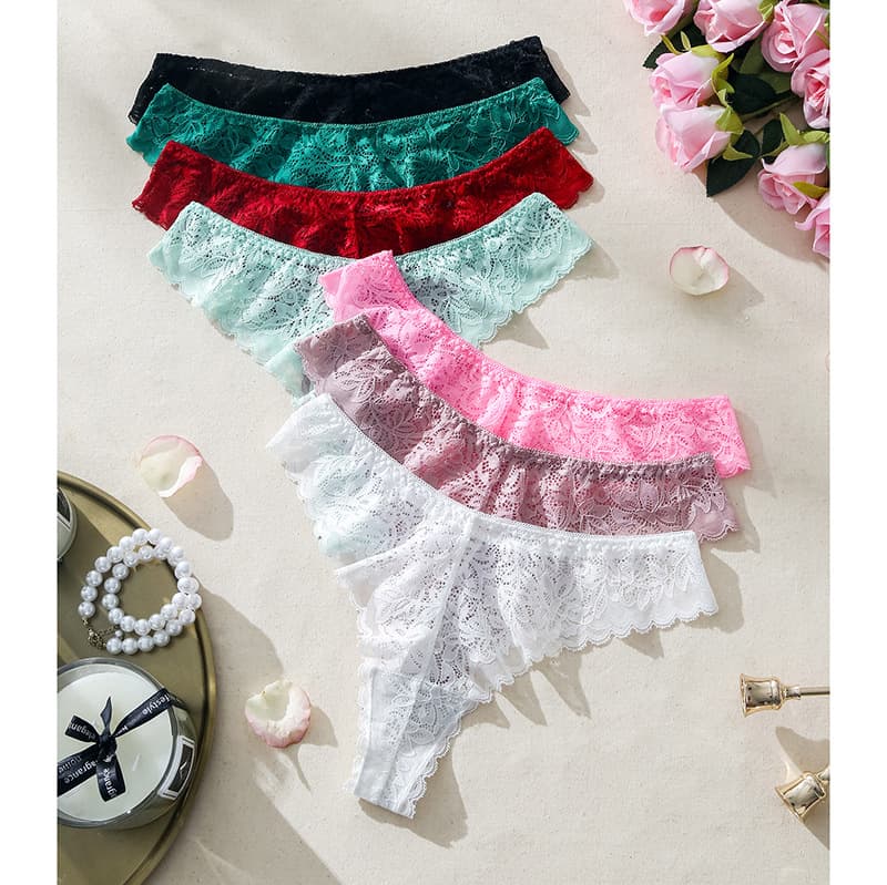 Cross-border foreign trade European and American sexy pure and innocent hollowed-out thong women's lace mid-waist antibacterial pure cotton crotch women's briefs