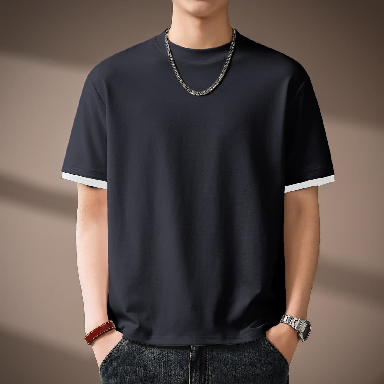 High-End American Casual Step Texture Jacquard Knit Short Sleeve Men 2026 Summer Cuff Fake Two-Piece Design