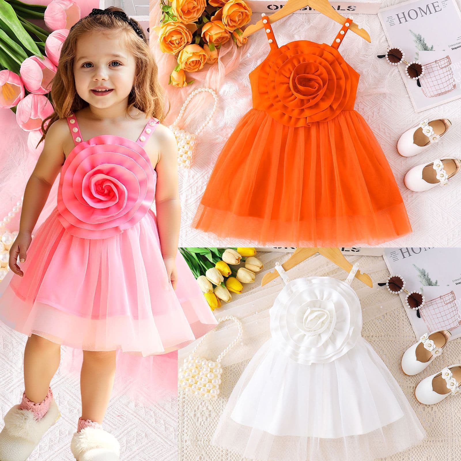 Floral 3D Patchwork European and American Style Toddler Mesh Princess Dress Hot-Selling Baby Summer Strap Dress Amazon Cross-Border Pearl Girl Dress