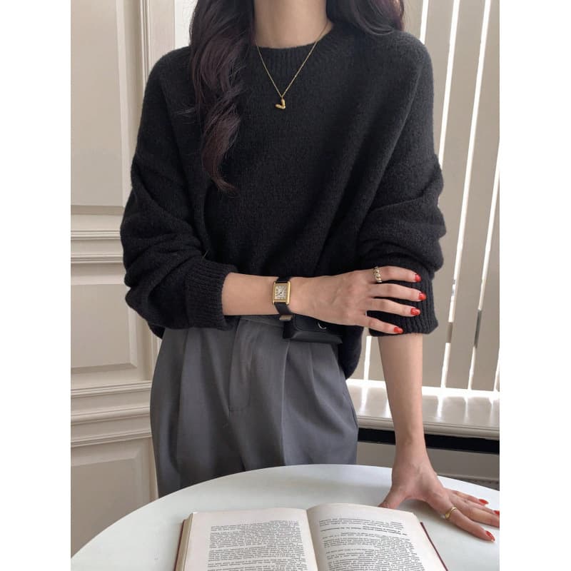 European and American Cross-border Amazon Knit Sweater Round Neck Women's Autumn and Winter New Loose Versatile Lazy Style Solid Color Top