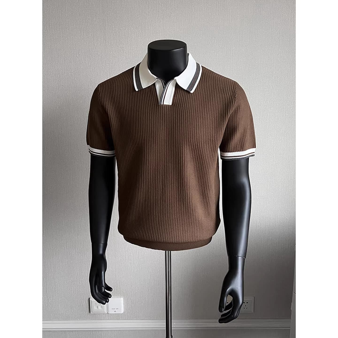 Polo Knit Short Sleeve V-Neck Textured Color Block Old Money Style T-Shirt Summer Cross-Border Factory Wholesale