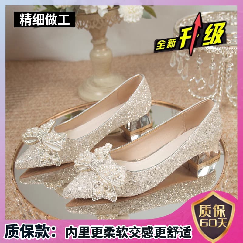 Flat Chunky Heel High Heels Wedding Shoes Bride Shoes Main Wedding Dress Two-Wear Crystal Heels Medium Heels Comfortable for Pregnant Women
