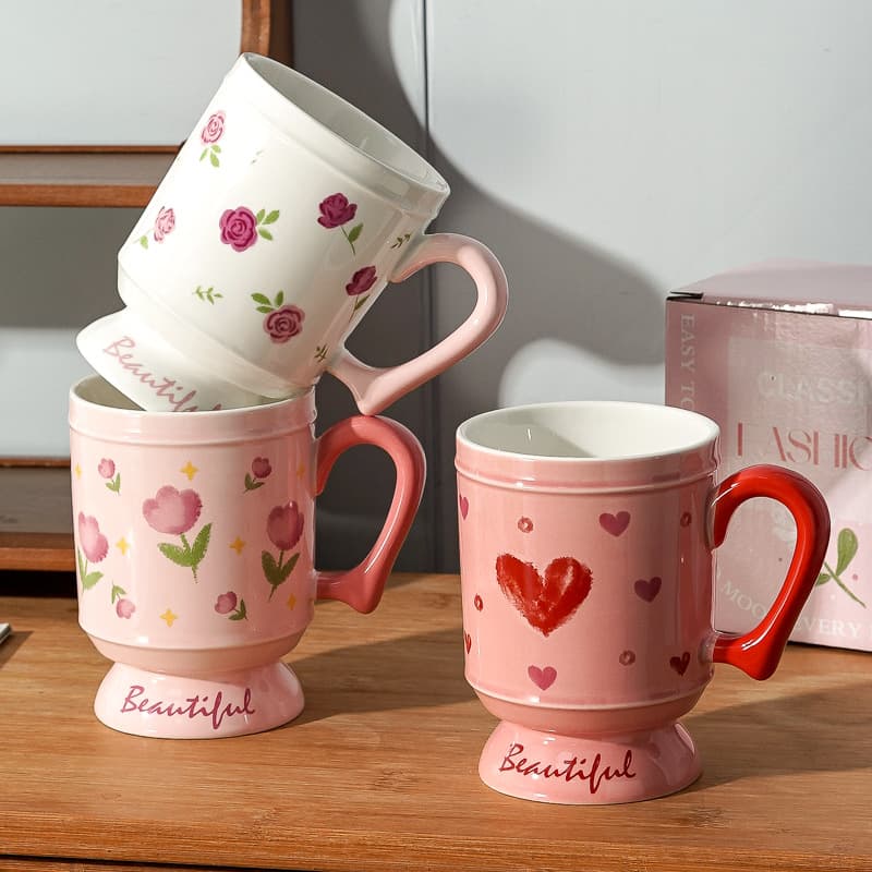 Heart-Shaped High-Appearance Ceramic Coffee Cup, Pink Series, Suitable for Home and Office, with Handle, Drinking Cup, Mug