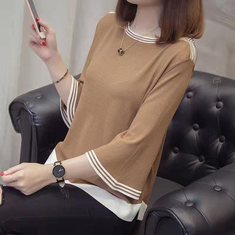Smooth Summer One-Shoulder Ice Belly Seven-Sleeve Top New Loose Thin Knit Sweater Women