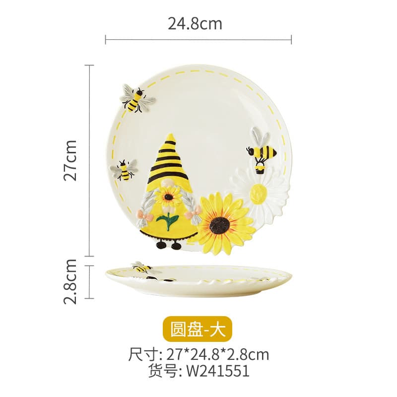 Foreign Trade Wholesale Ceramic Bee Gnome Sunflower Relief Dinnerware Set Exclusively for Cross-Border Sales
