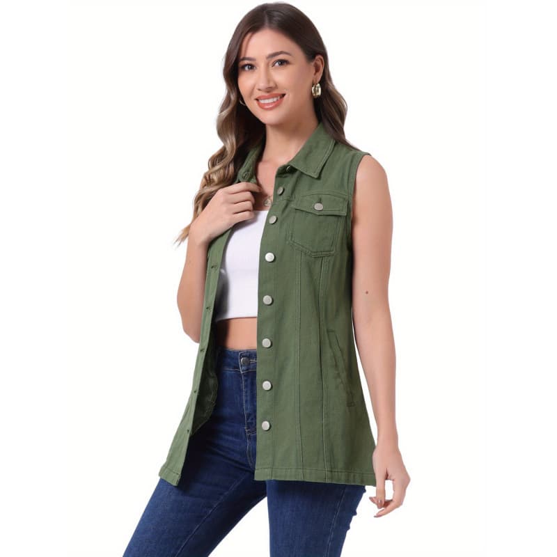Women's Denim Vest Sleeveless Button Casual Long