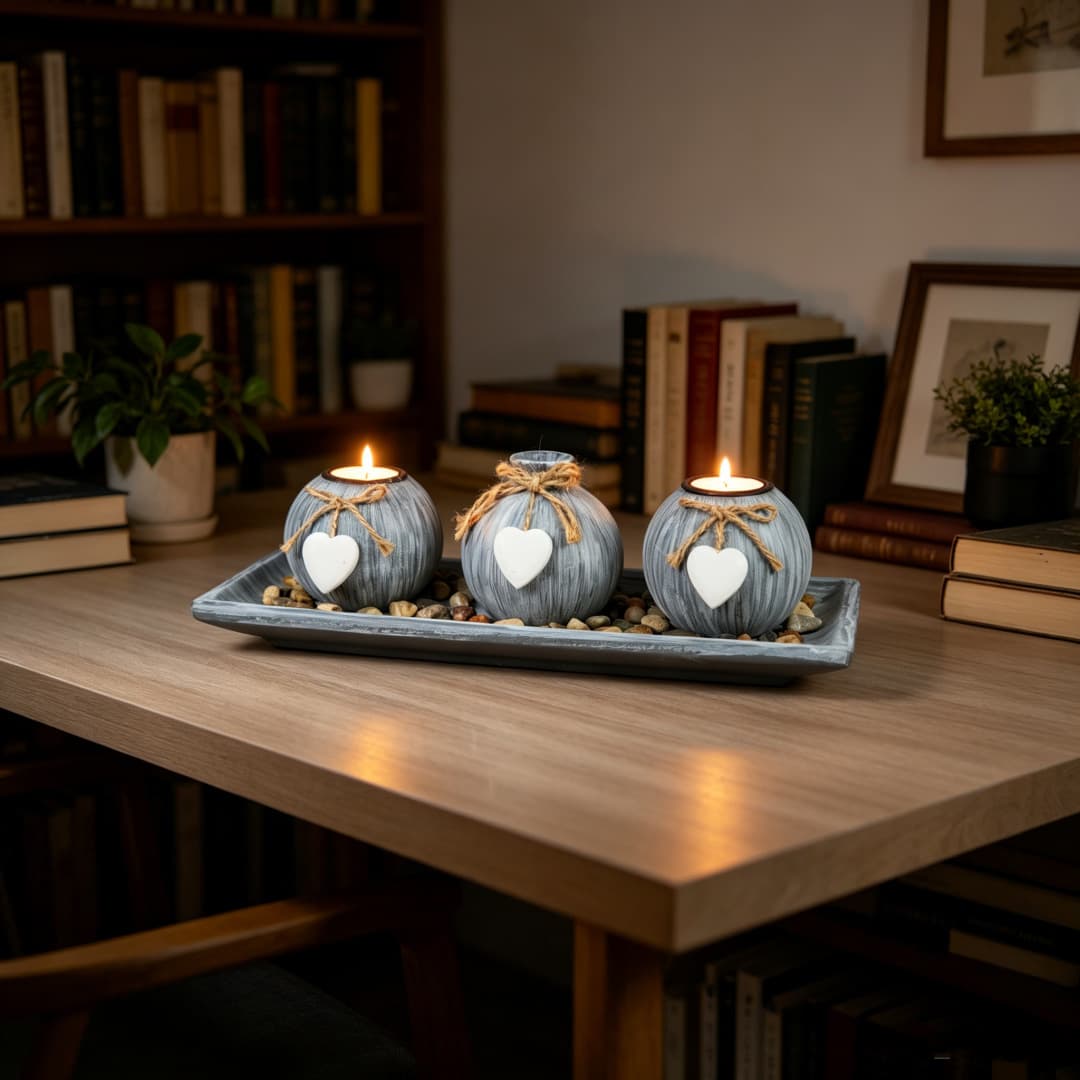 Rustic Style Hemp Rope Heart-Shaped Candle Holder Set, Vintage Wooden Tealight Cups, Home Decor Ambiance Pieces Wholesale