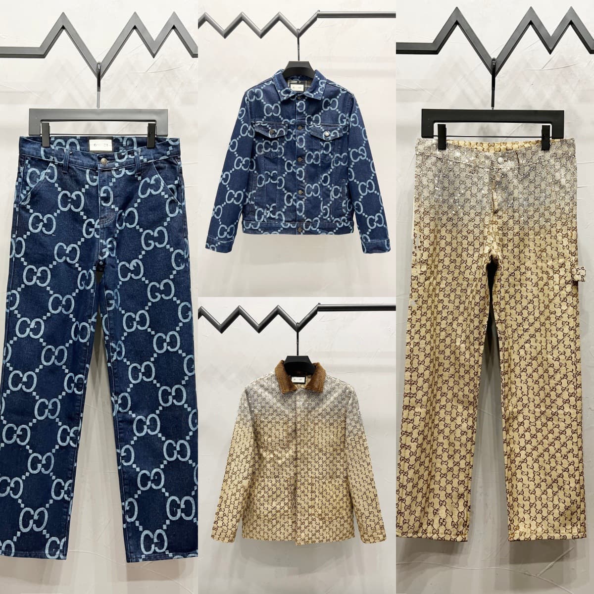 European and American cross-border GU brand 25ss autumn new style all-over print GG jacquard hot-fix rhinestone denim jacket and pants set