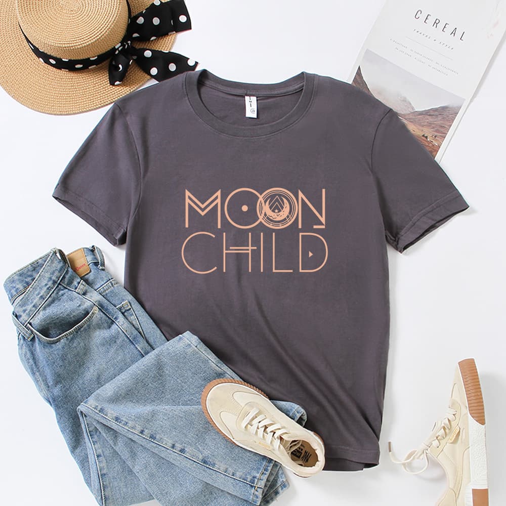 2023 European and American Series T-Shirt Women's Loose Short-Sleeved Moon Moon Child Printed Round Neck Round Neck T-Shirt