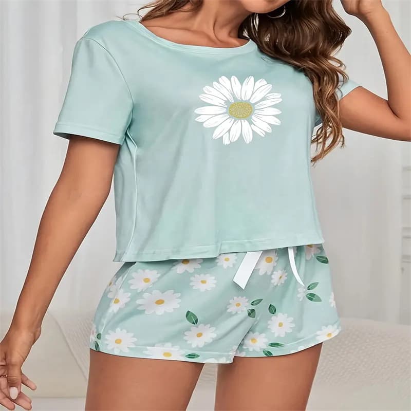 In Stock EU/US Cross-Border Short Sleeve Printed Pattern Sleepwear Set Women's Sexy New Homewear Set