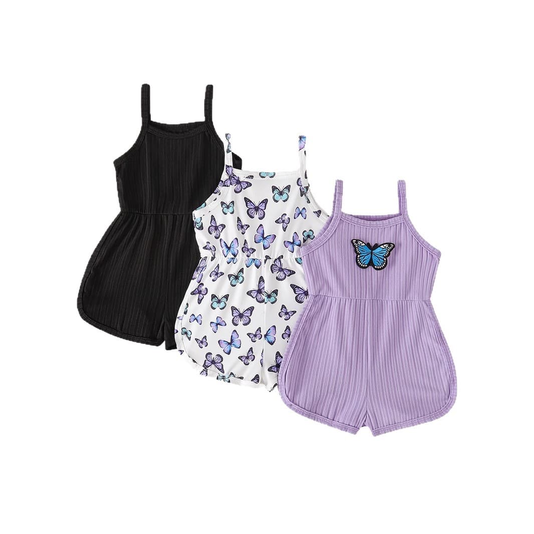 Summer Solid Color Ribbed Purple Three-Dimensional Bow Decoration Casual Sleeveless Strap Jumpsuit Shorts 3-Piece Set