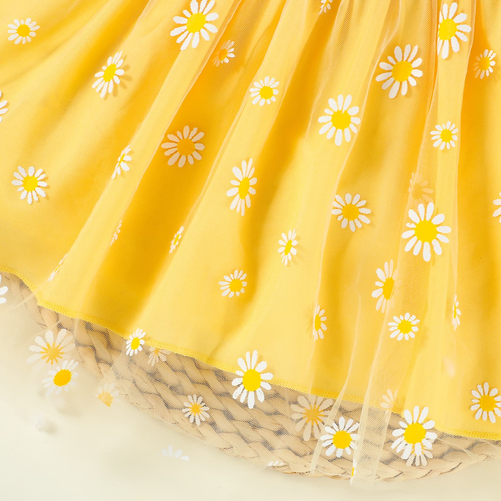 2026 Export European and American Summer Infant Girls Blue-Yellow Daisy Bow Puff Sleeve Dress