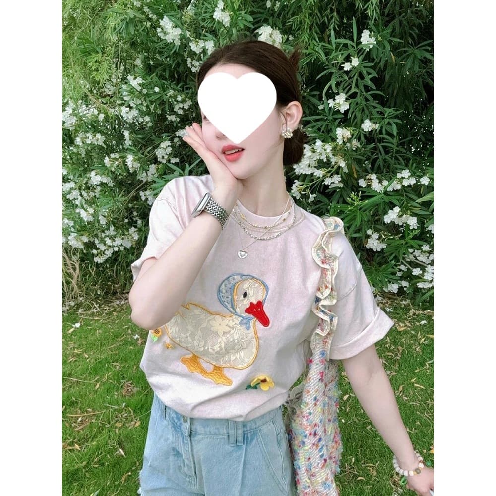 French Heavy Lace Duck Embroidery Short Sleeve T-Shirt Women Summer Design Unique Loose Top Apricot