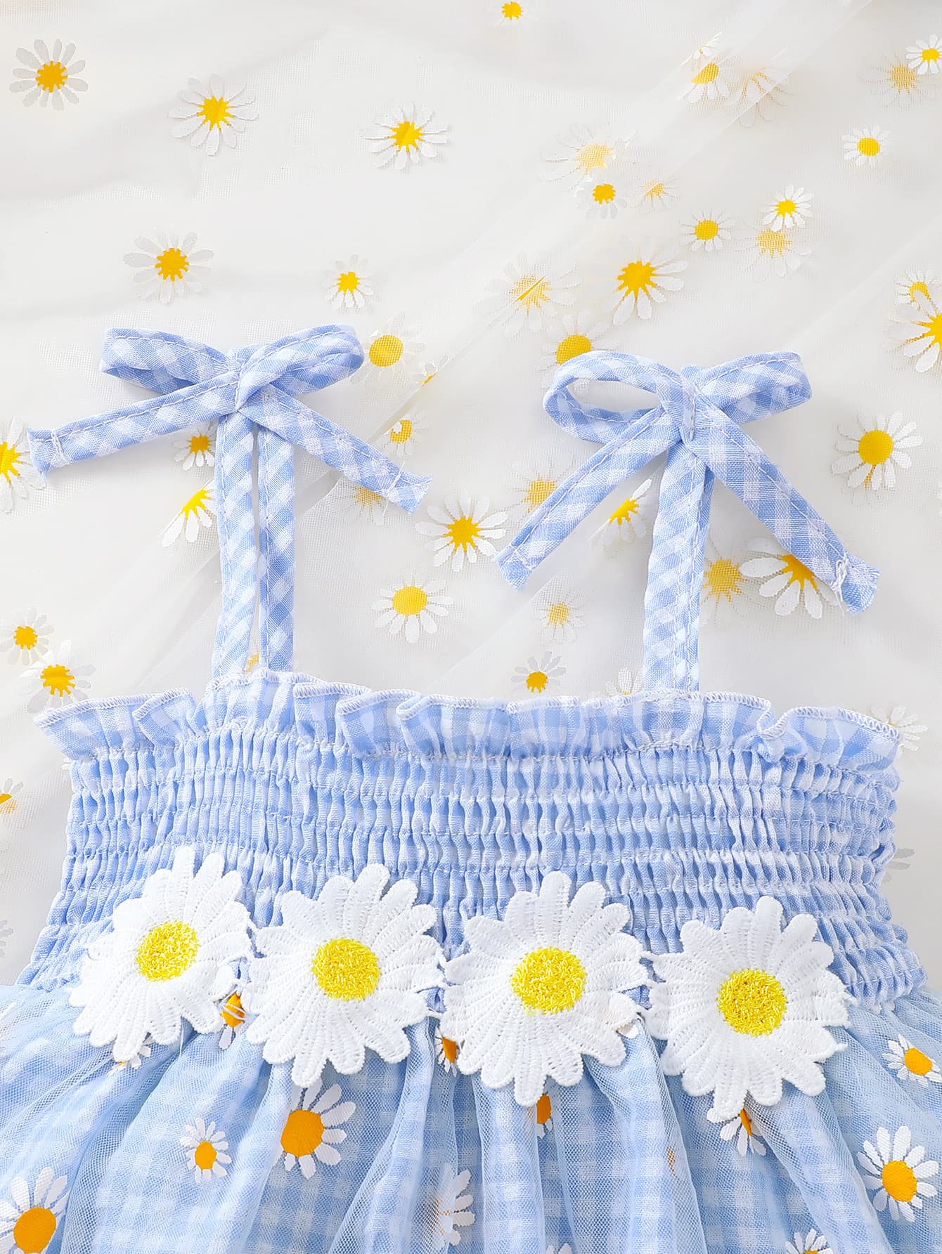 Summer Sweet Style Girls Lace Smocked Camisole Dress Vacation Style Blue Plaid Cute Princess Dress