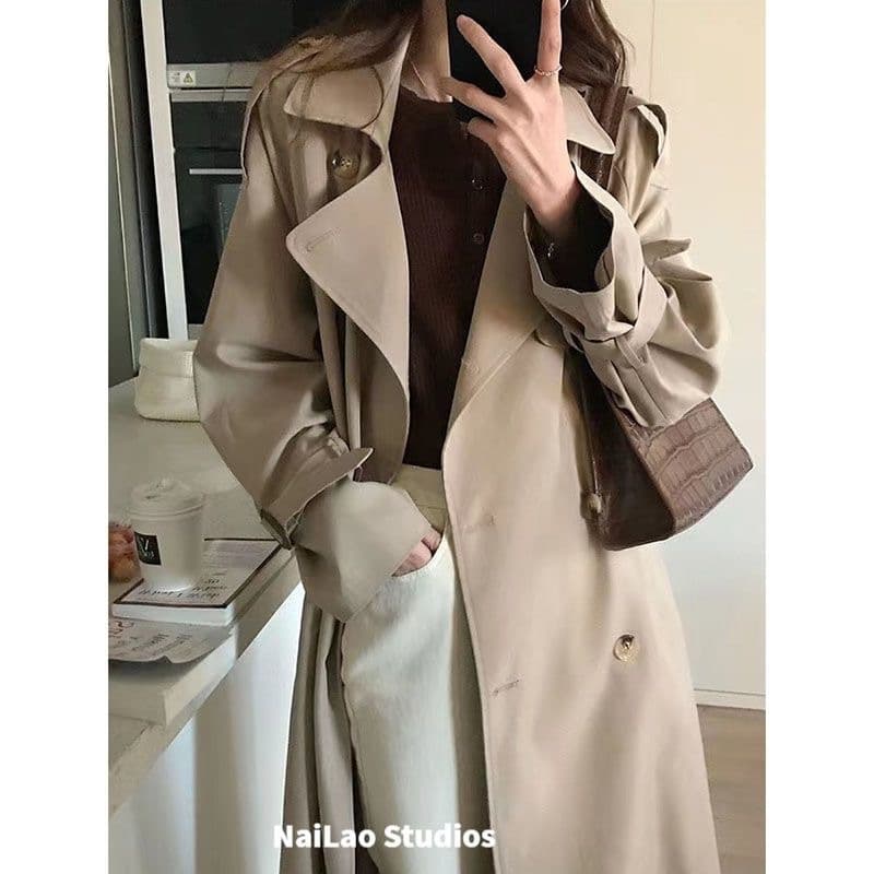 Chic Mid-Length Trench Coat for Petite Women, Trendy and Stylish New Autumn Fashion, Korean Style Black