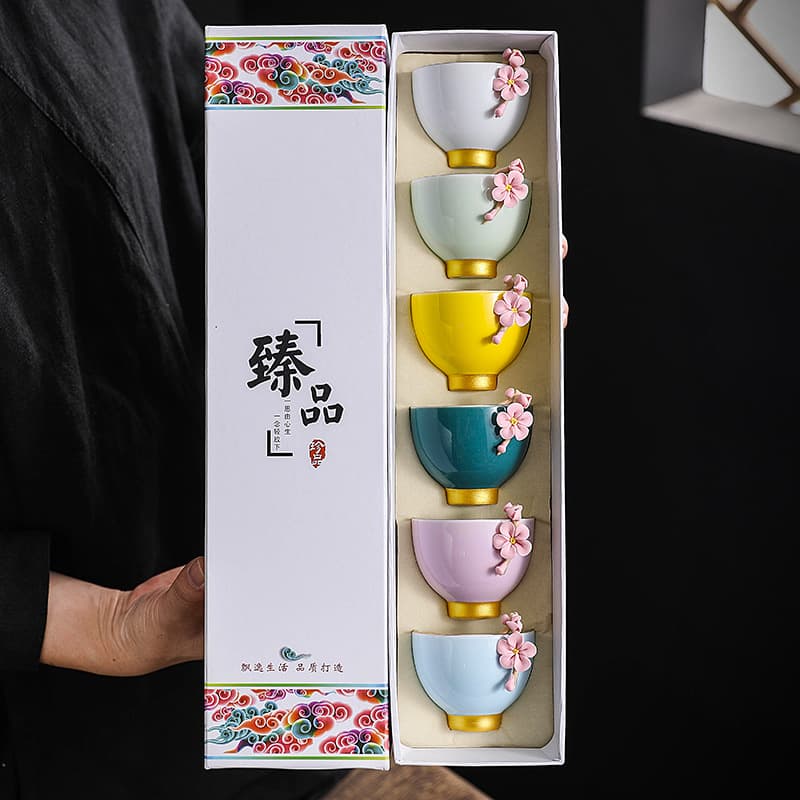 Six-Color Rainbow Plum Blossom Cup Ceramic Pinch Craft Gift Box Tea Cup Women's Single Cup Master Cup Gongfu Tea Set