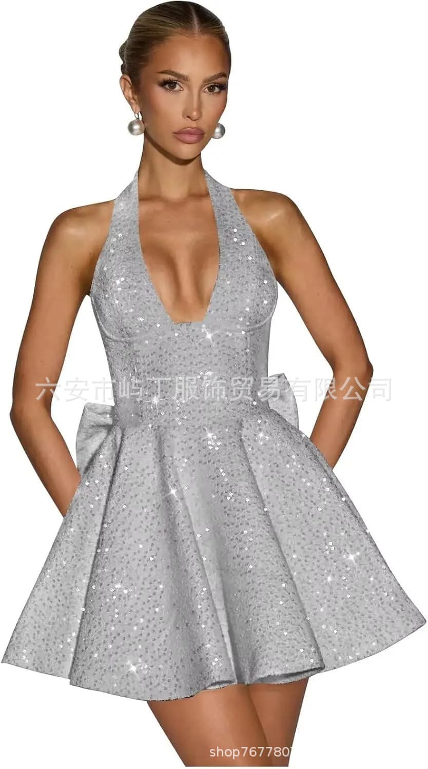 Fashionable Short Dress for Women, Cross-Border Trade, High-End Style with Halter Neck, Sequins, Slimming, Elegant Backless Gown