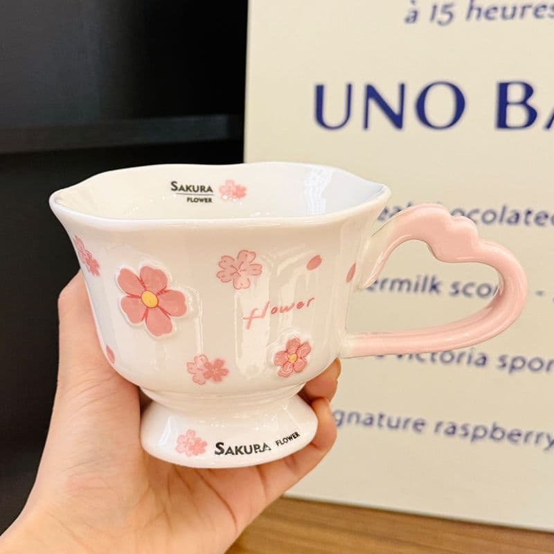 Cherry Blossom Embossed Ceramic Mug, Wide-Mouth Breakfast Coffee Cup for Women