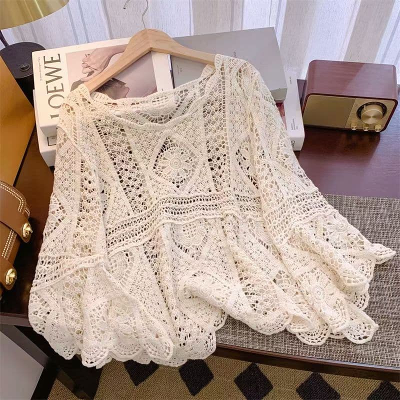 Long Sleeve Bikini Cover-Up One-Piece Sun Protection Beach Outerwear Women's Summer Seaside Vacation Hot Spring Swimsuit Jacket Mesh