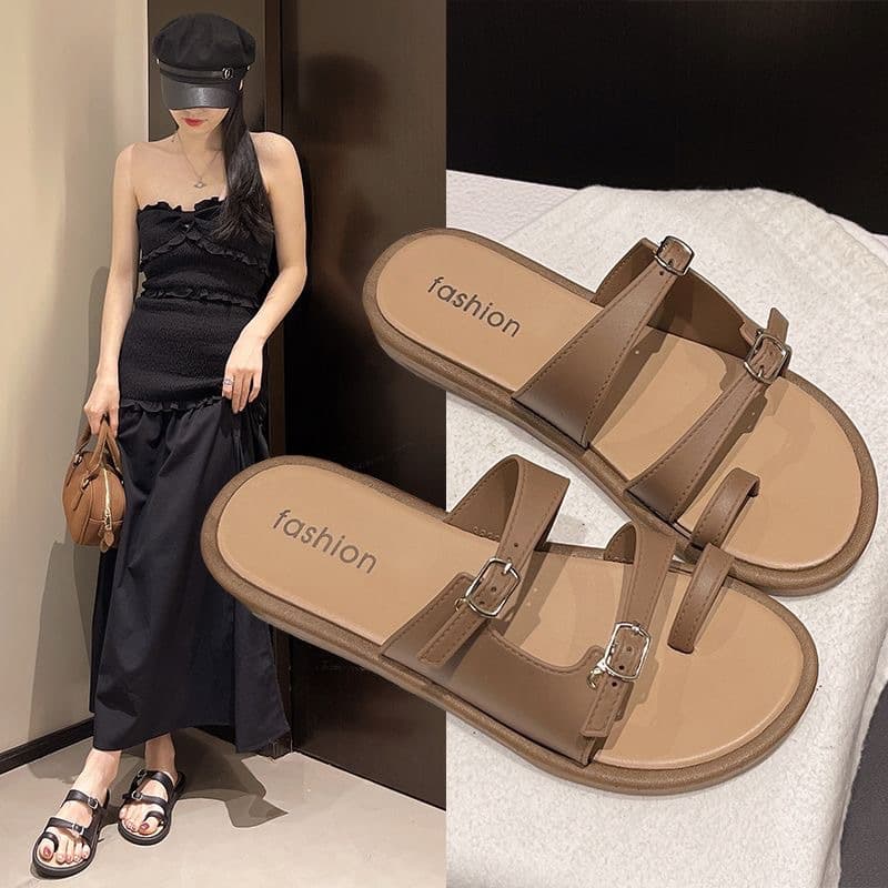 2025 New Fashion Toe-Loop Buckle Sandals Slip-On Fairy Style Retro Roman Non-Slip Flat Beach Slippers