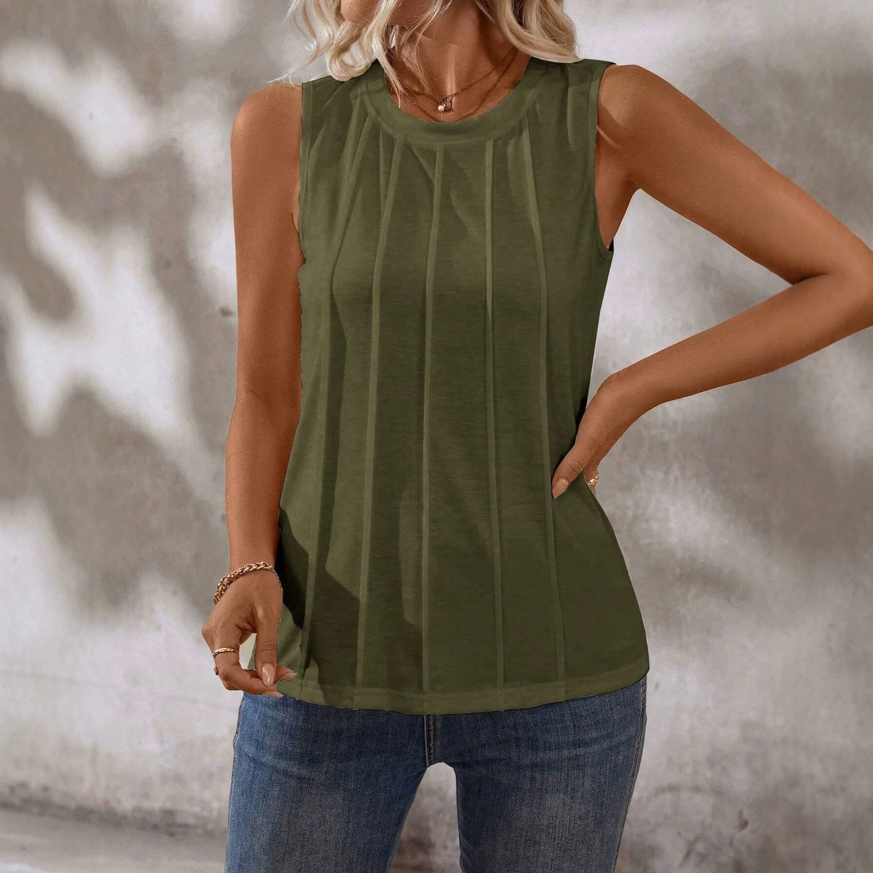 2026 Spring/Summer Amazon New European and American Popular Pleated Round Neck Sleeveless Top Women's Vest Cross-Border Trade Women's Clothing
