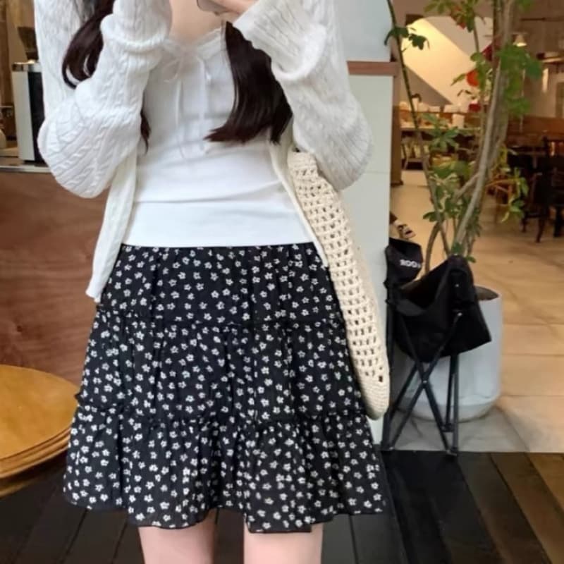 Floral Vintage Sweet Half Skirt Cake 2025 Spring Summer High Waist Petite Slimming Black Puffy Short Skirt
