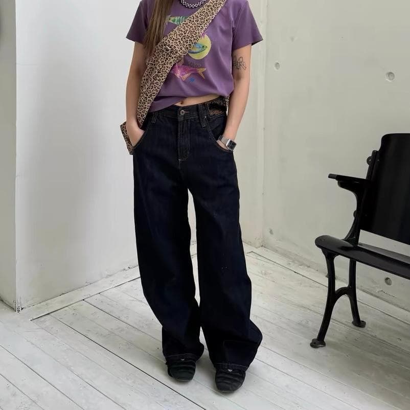 Denim Jeans with Paris Buckle Design, Unisex, American Retro Style, Straight Loose Fit, Casual Wide-Leg Pants