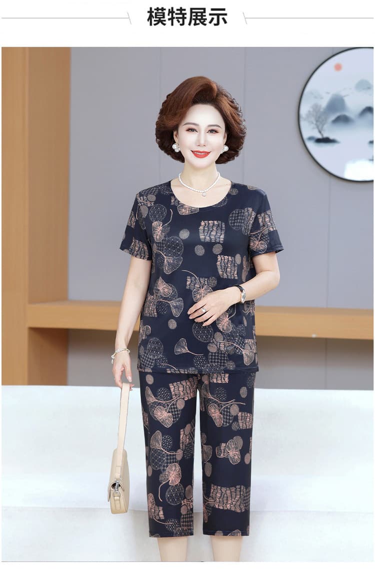 Mother's pajamas, summer clothes for middle-aged and elderly women, short-sleeved T-shirt set, grandma outfit