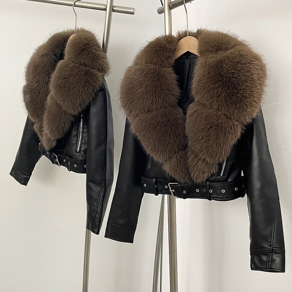 Retro leather jacket, women's short style, new spring and autumn style, faux fox fur collar, casual and popular motorcycle PU leather jacket