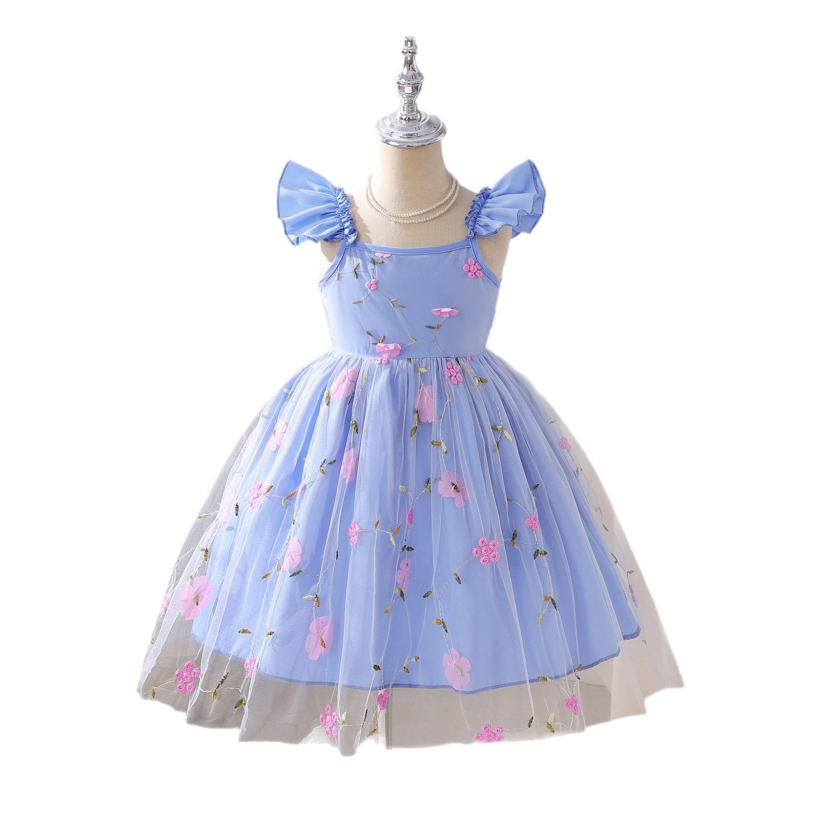 Export Girls Flutter Sleeve Embroidered Flower Tulle Princess Dress 2026 Summer Blue