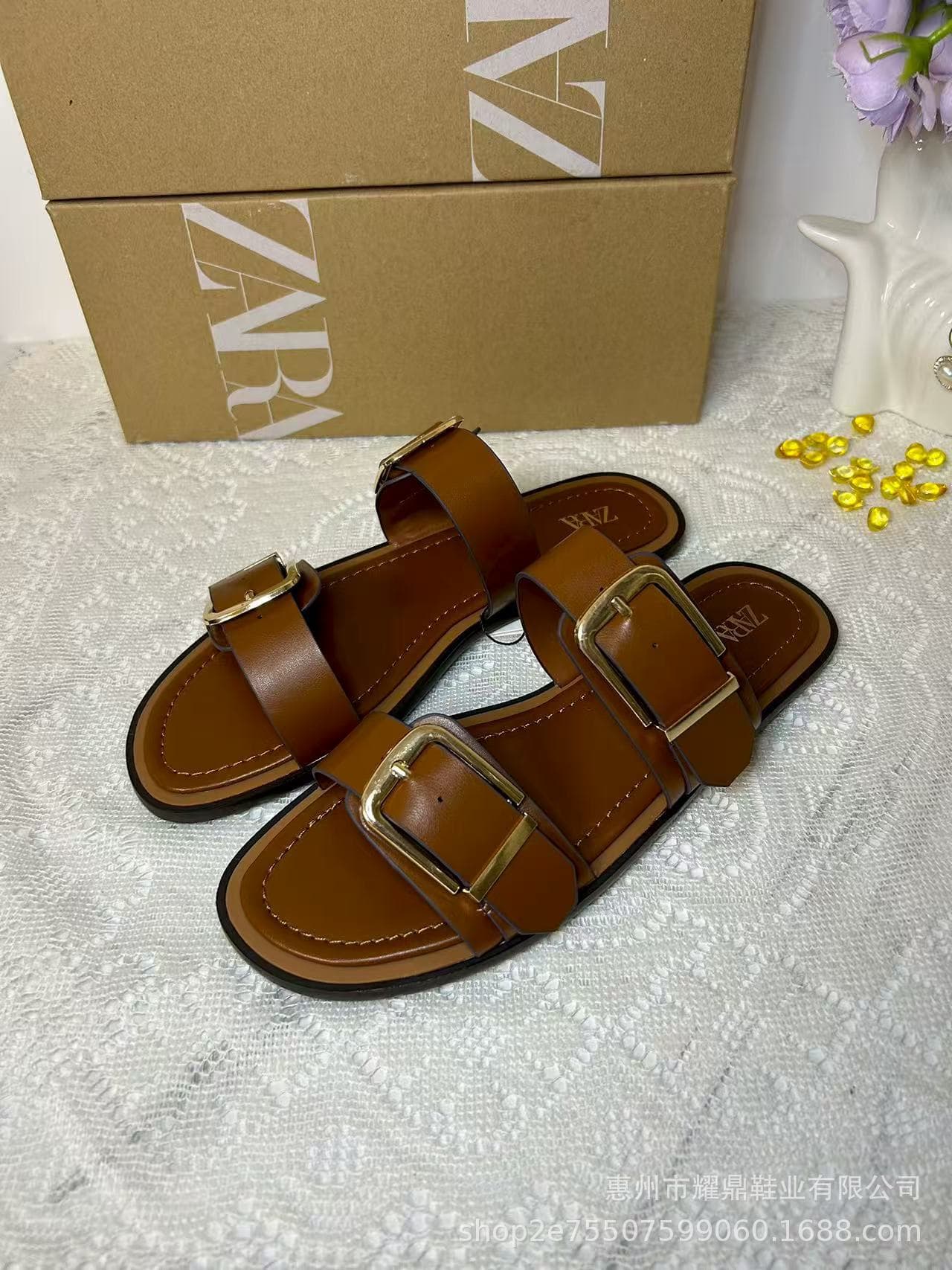 Spain 2025 Summer New Casual Women's Shoes with a Single Strap and Open Back, Buckle Double Strap Flat Outdoor Sandals