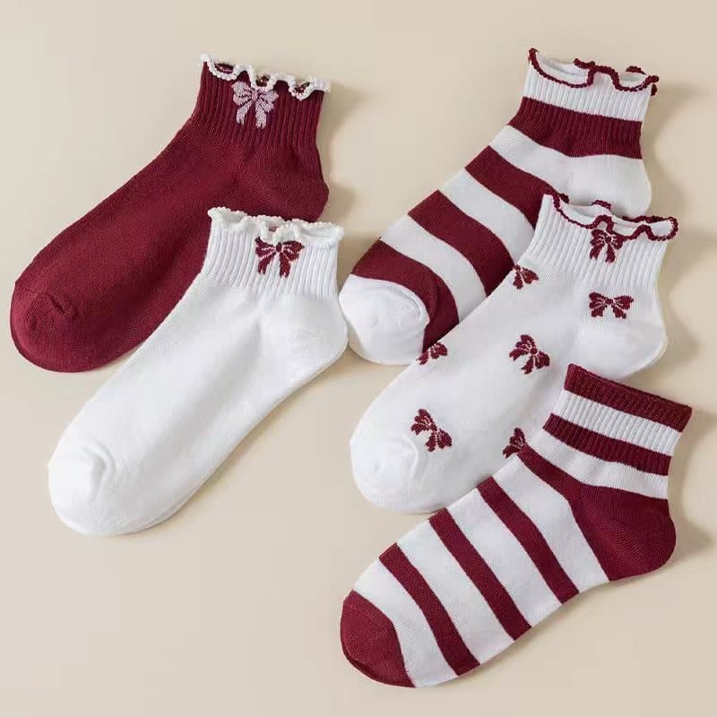 Sweet Short Socks with Stripes and Bowknots, Lace Socks, Sweat-Absorbent, Non-Slip, Breathable, Versatile, Cute, Won'T Slip Off, for Women