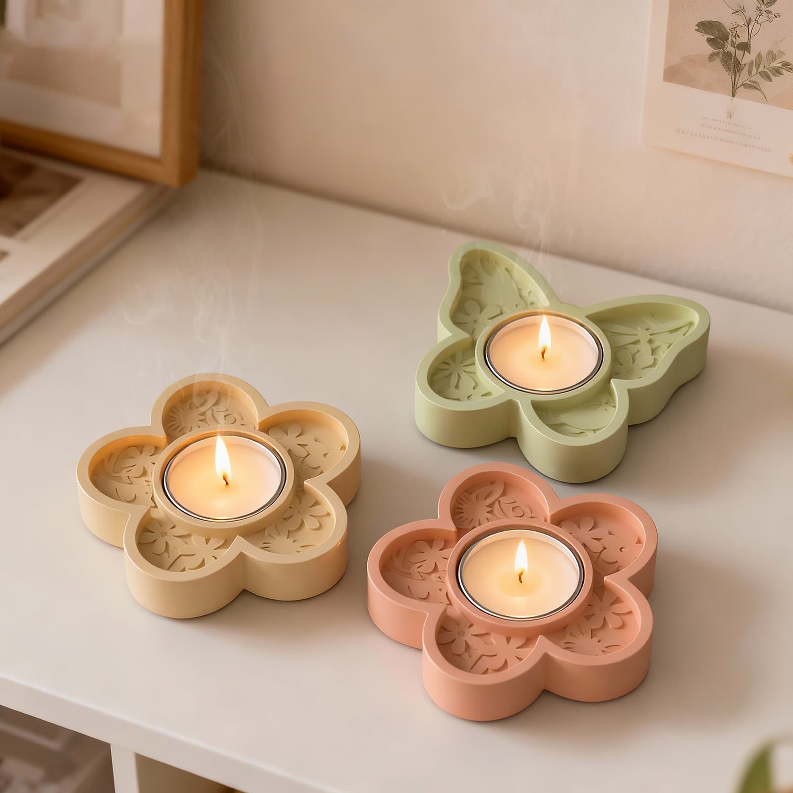 Butterfly Heart Flower Carved Texture Candle Holder Base Mold DIY Epoxy Resin Plaster Ornament Silicone Mold