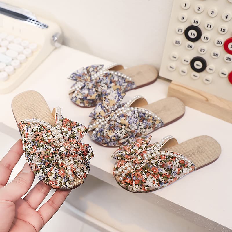 Girls' Bow Slippers, New Summer Style, Children's Pearl Soft Sole Princess Shoes, Girls' Floral Closed-Toe Sandals, Trendy
