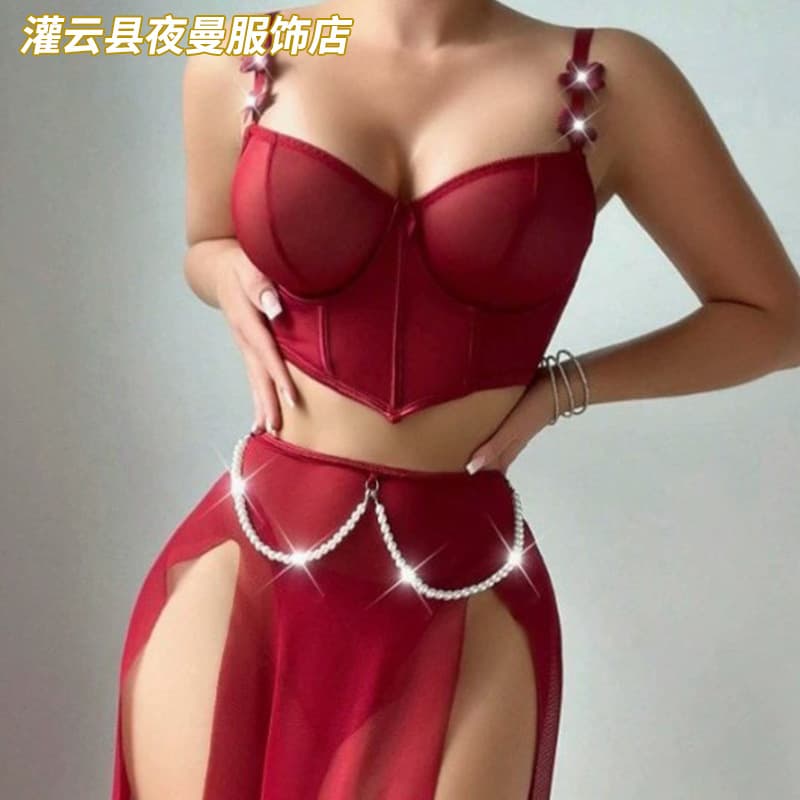 Slit Set Sexy European American Pearl Wholesale Mesh Camisole Lingerie Long Slit Dress