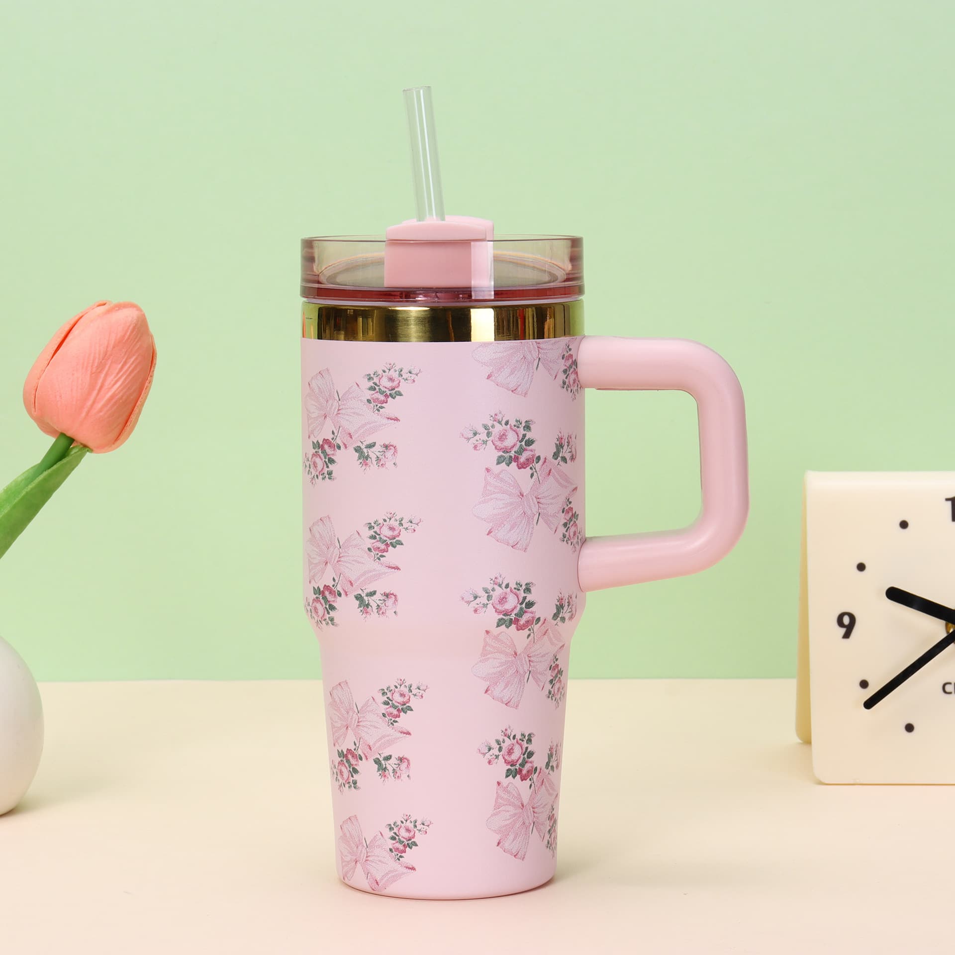 Best-selling Cross-border 14oz Second Generation Handle Car Cup Portable Stainless Steel Vacuum Straw Cup Gift Printed Ice Tumbler