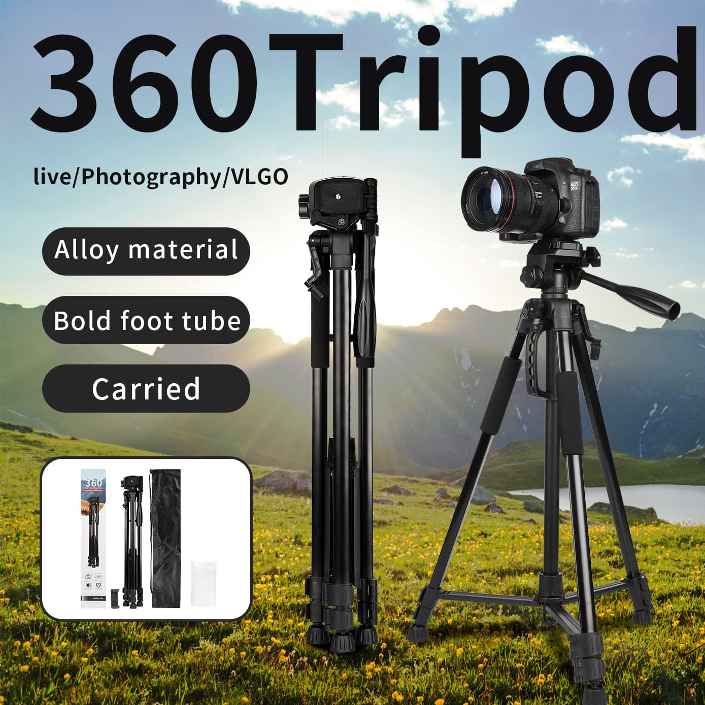 Cross-Border 360 Photography Tripod for Video Recording, Photo Taking, Dslr, Mirrorless Camera, Mobile Phone Live Streaming Stand, Portable