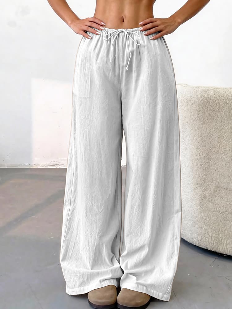 European and American Cross-Border Autumn New Women's Pants Solid Color Fashion Loose Casual Daily Side Pockets Drawstring Elastic Waist Wide Leg Pants