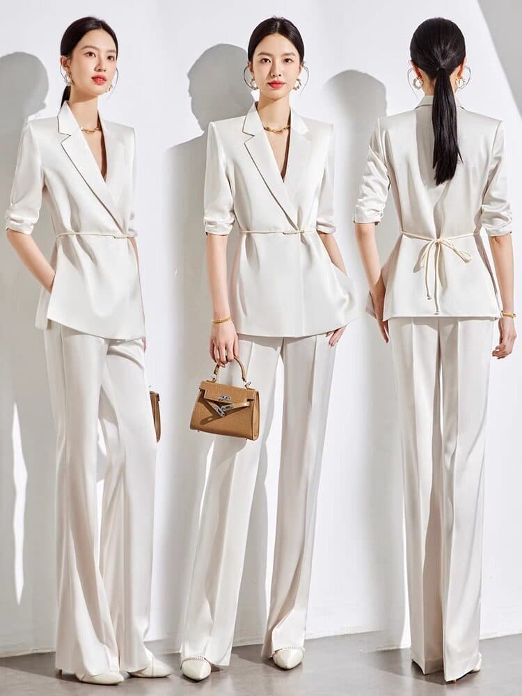 High-end Chinese style pink acetate mid-sleeve suit set for women, new summer professional commuting suit jacket.