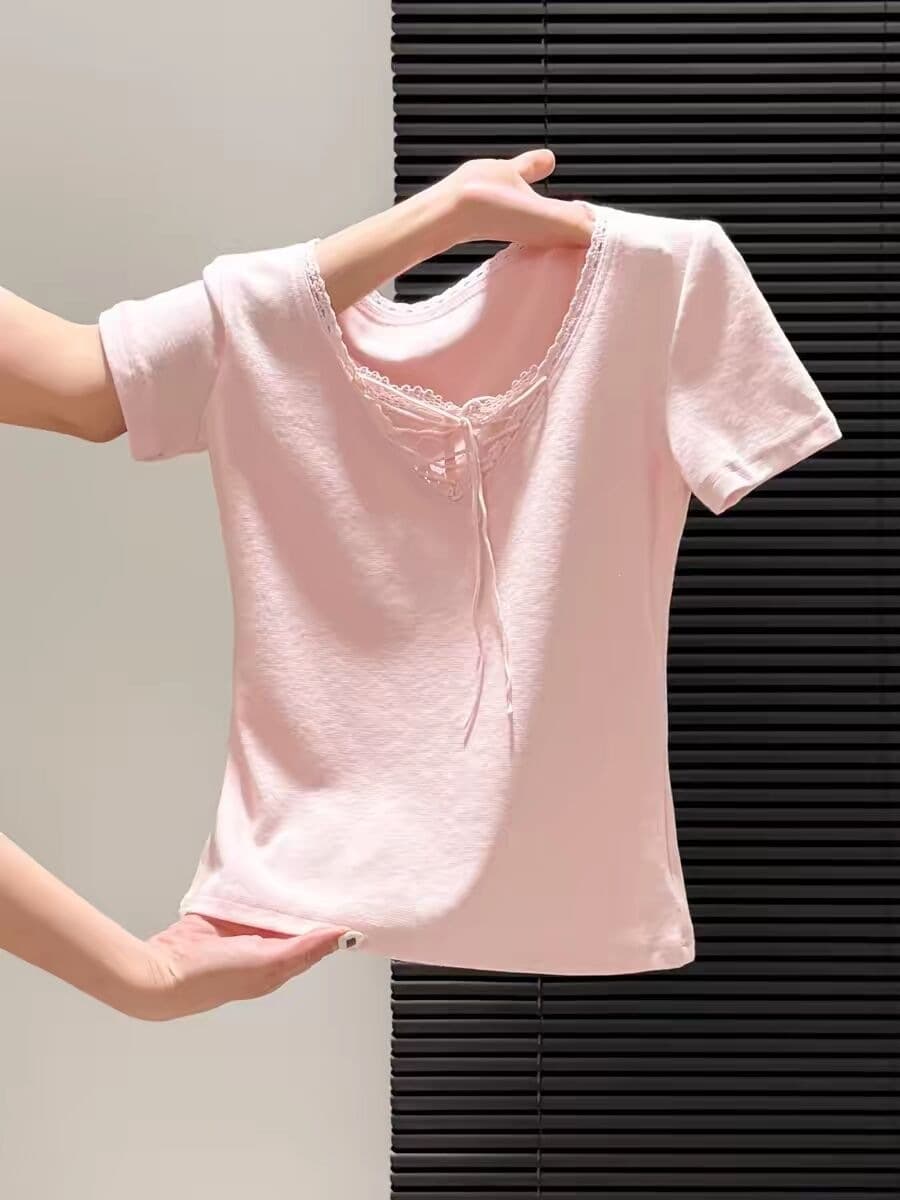 Gentle Lace Strap V-Neck Pink Short Sleeve T-Shirt Women 2026 Summer New Fitted Top