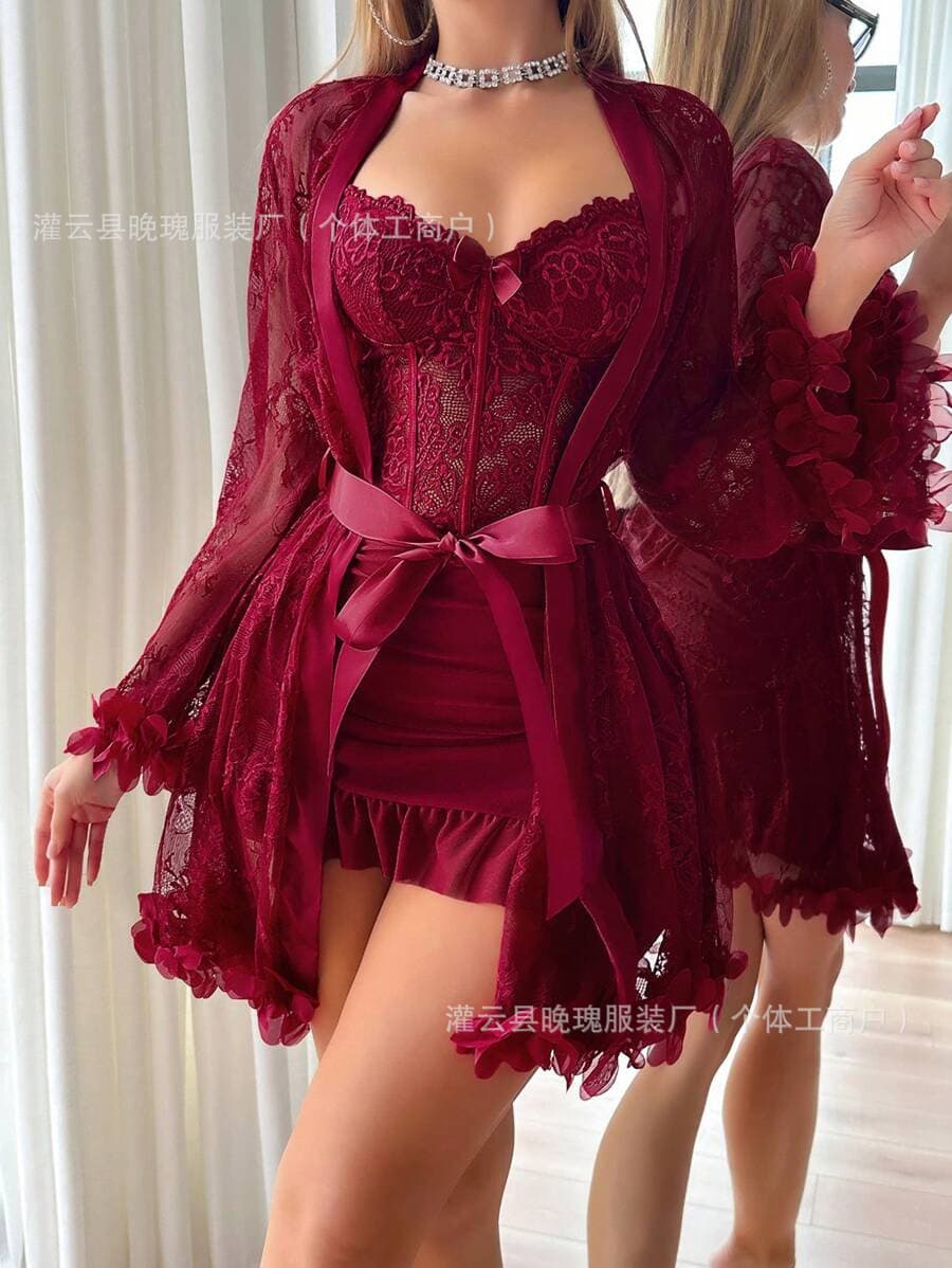 Cross-Border Export New Style Lingerie Sexy See-Through Lace Slip Dress with Outer Robe Lace Women's Pajama Set