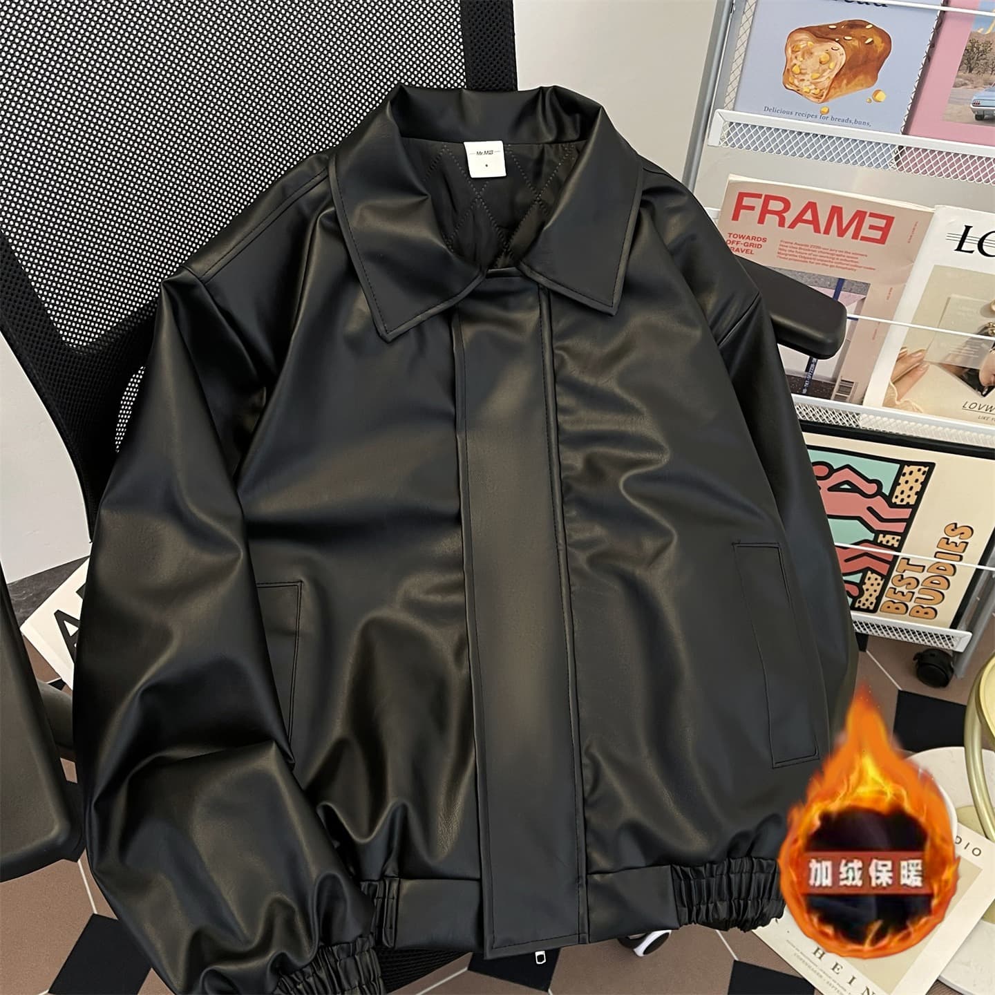 Retro Cleanfit Short Leather Jacket with Shoulder Pads for Men, Thickened with Cotton, High-End Casual Loose Leather Jacket