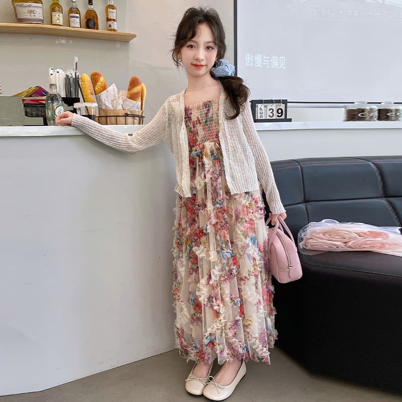 Girls Spaghetti Strap Dress with Cardigan 2025 Summer Floral Set