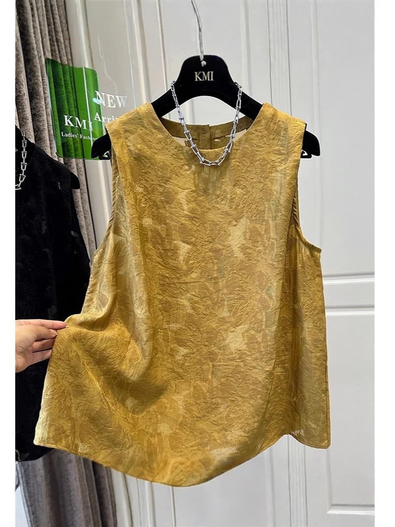 New Chinese style yellow round neck jacquard embroidered vest shirt for women, 2025 summer new style loose sleeveless top