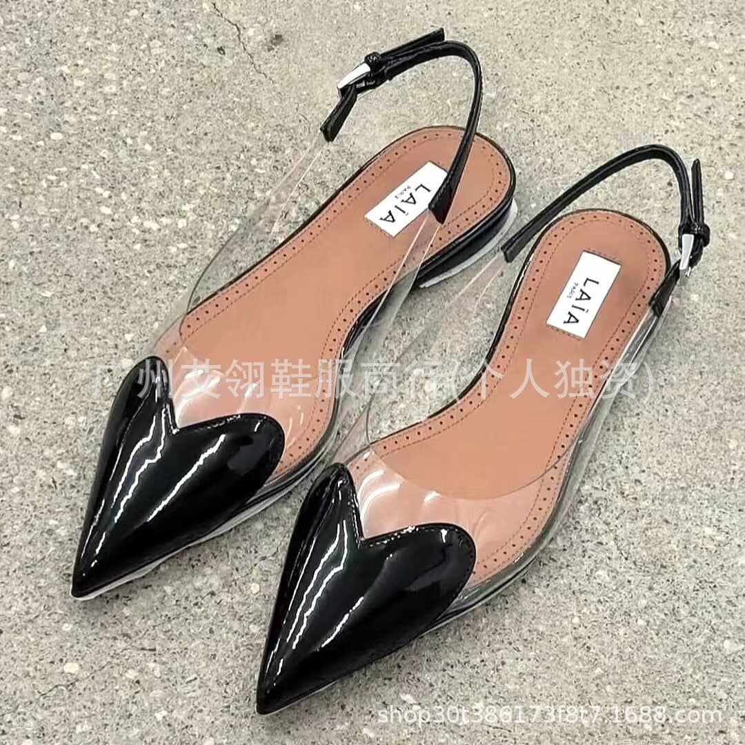 Heart-Shaped Pointed Toe Transparent Buckle Strap Back Hollow Toe Sandals for Women 2025 New Flats Sandals and Slippers for Women
