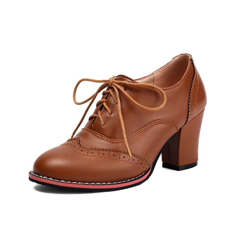 Plus-size women's shoes (sizes 35-48), high-heeled shoes, British retro style, lace-up, simple commuter leather shoes. (Foreign trade, cross-border e-commerce)