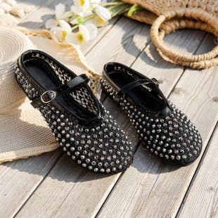 Plus Size Studded Rhinestone Ballet Flats with Belt Buckle