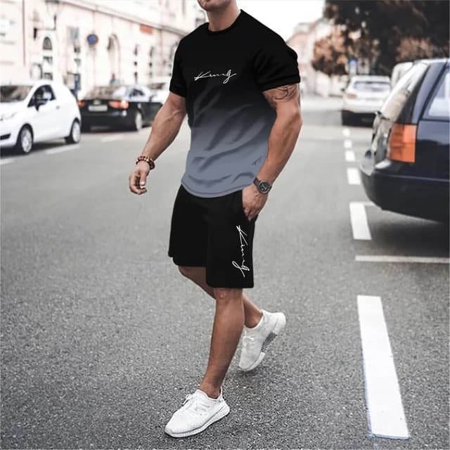 2025 Summer Gradient Color Short-Sleeve and Shorts Set, 3D Digital Printed Simple Letter Gradient T-Shirt Two-Piece Set for Men